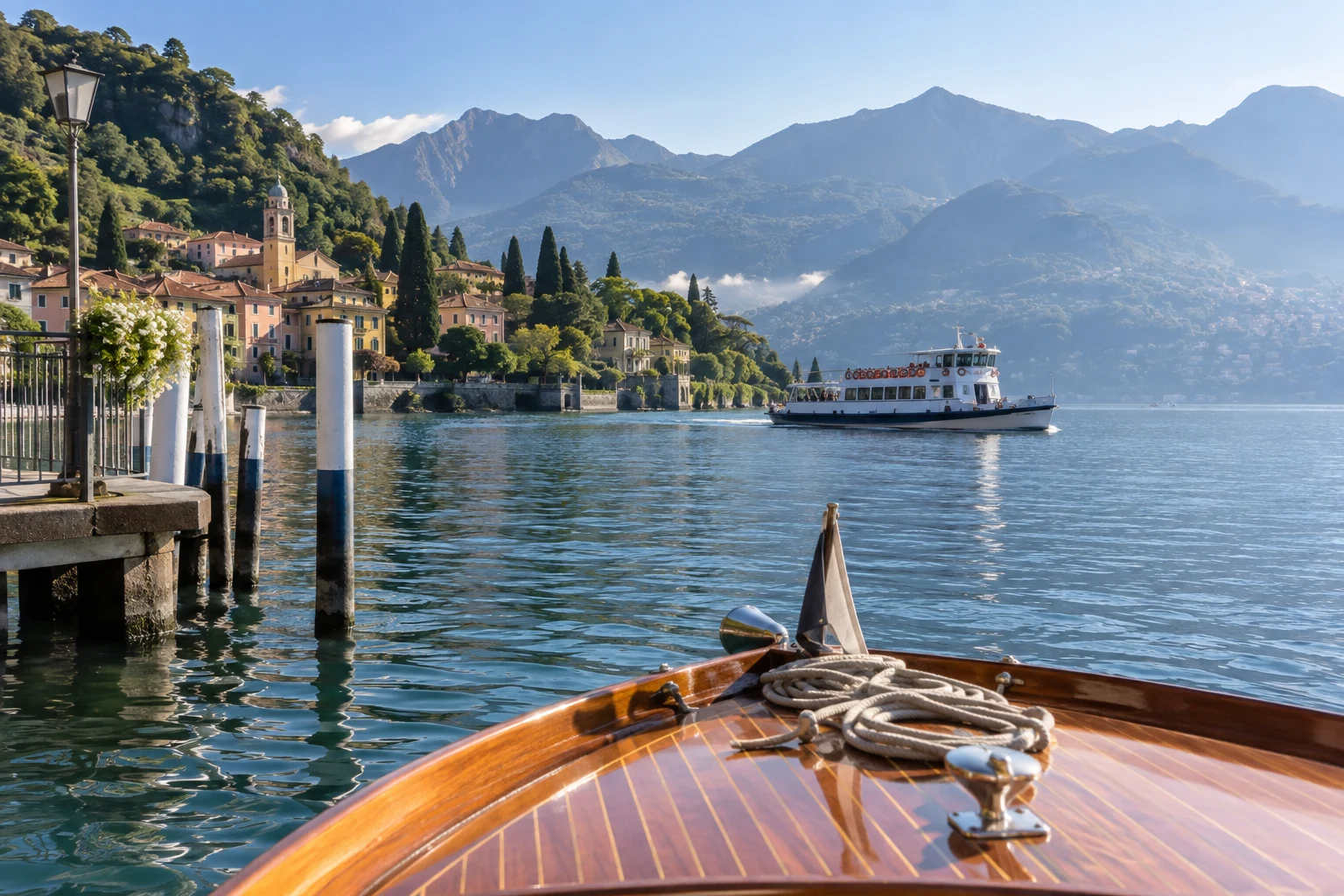 Wooden boat and public ferry on Lake Como in the morning