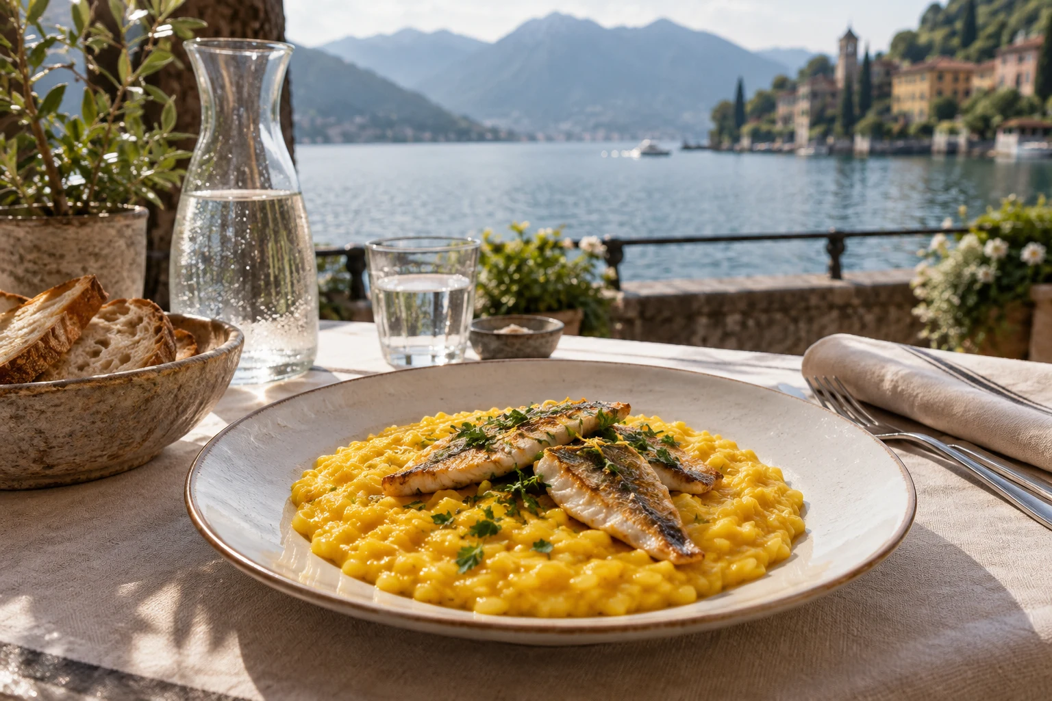 Risotto and grilled fish on a linen-covered table beside a mountain lake