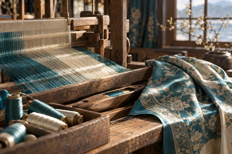 Teal and ivory silk threads, a wooden loom and folded patterned fabric