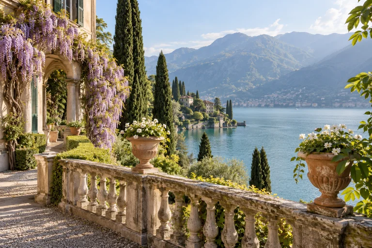 Stone balustrade, flowering wisteria and cypress trees in a garden overlooking Lake Como