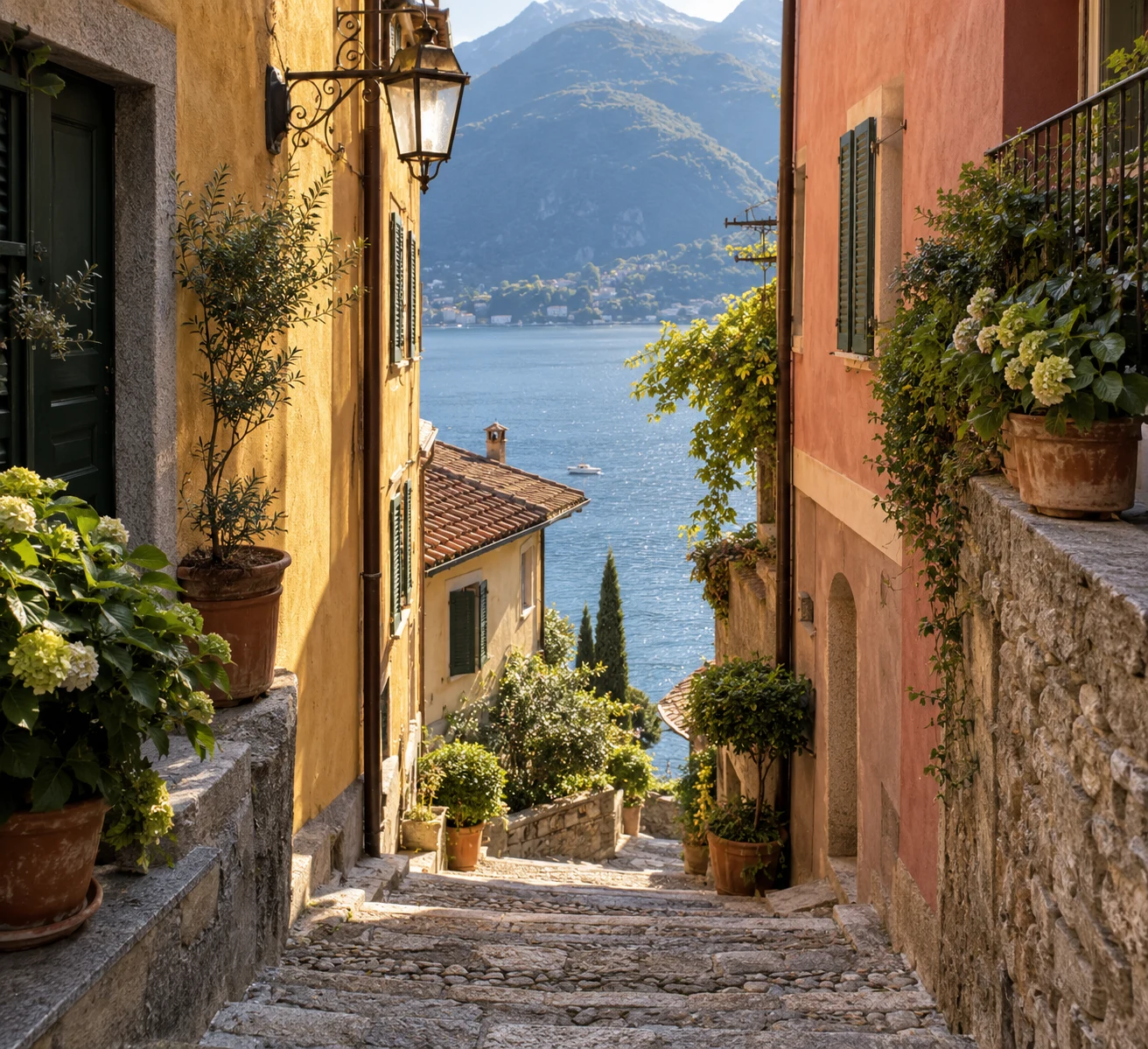 Stone steps between colorful village houses leading toward Lake Como
