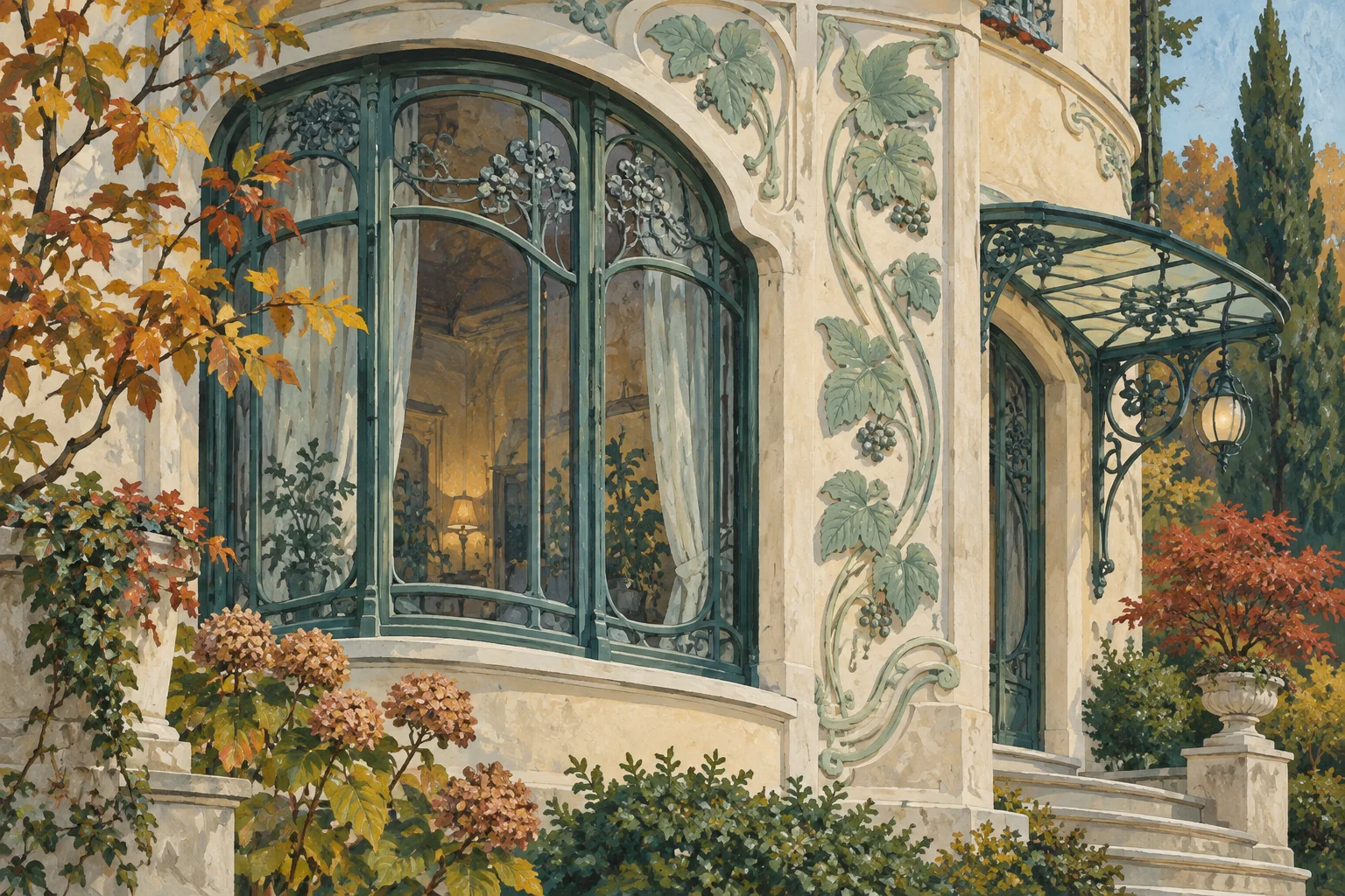 Liberty-inspired architectural illustration of a Cernobbio villa window with floral ironwork and mulberry-leaf ornament.