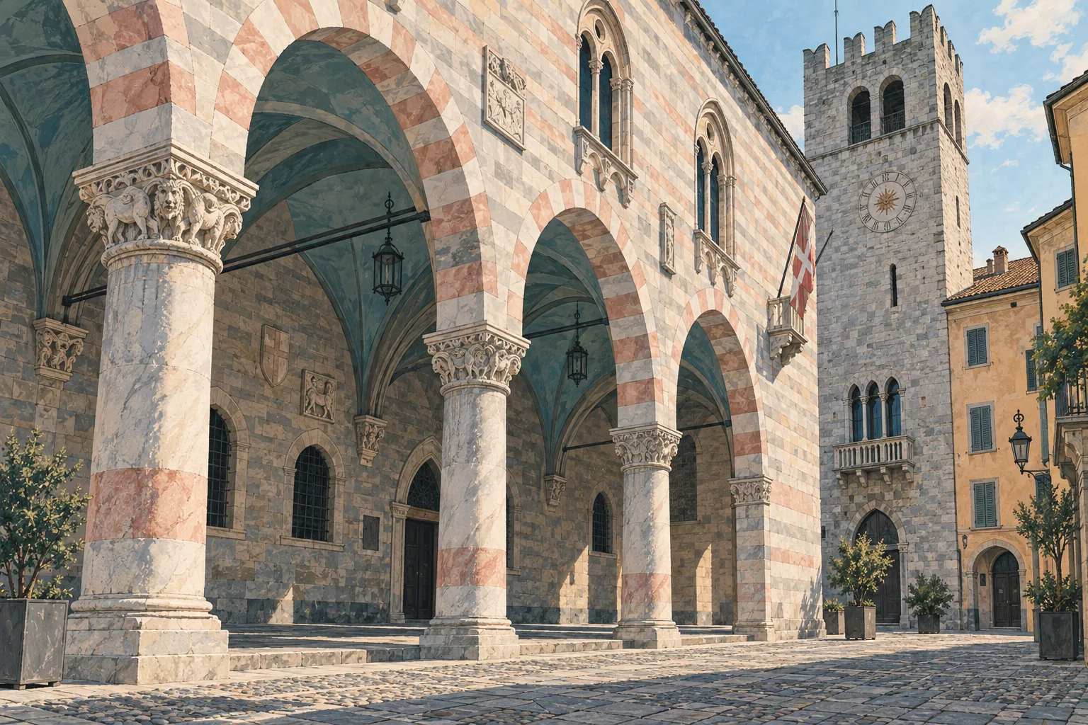 Illustration inspired by Como’s Broletto, showing pink and pale stone arcades, carved columns and a civic tower.
