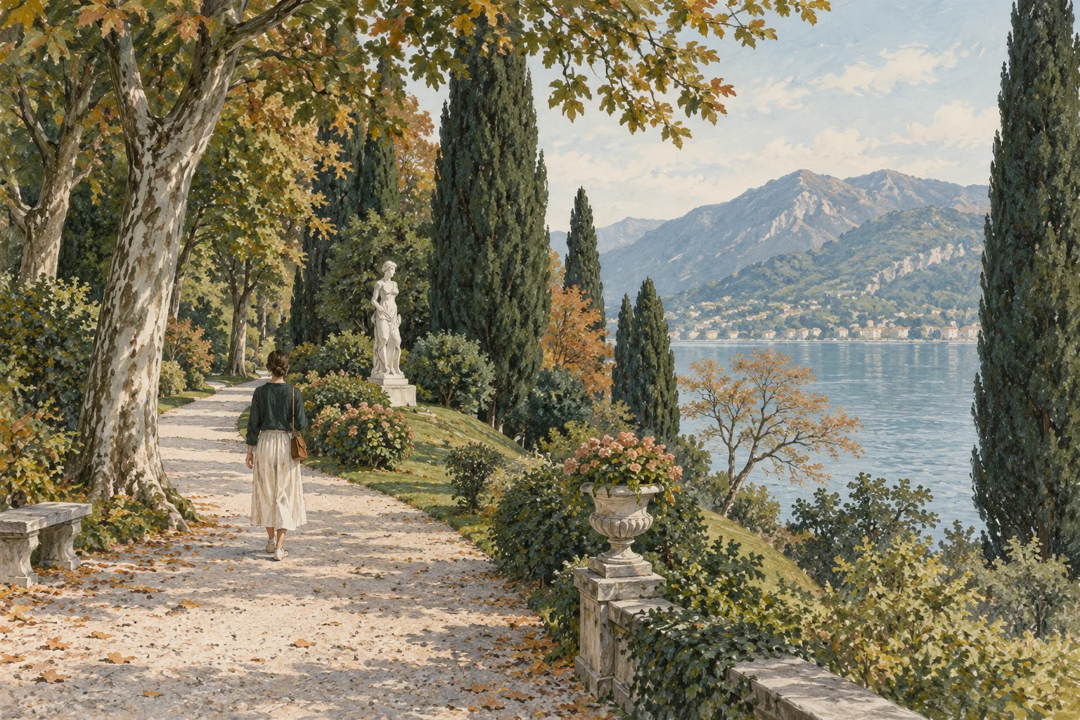 Interpretive illustration of a quiet lakeside garden path near Bellagio, with mature trees, a classical statue and autumn foliage.