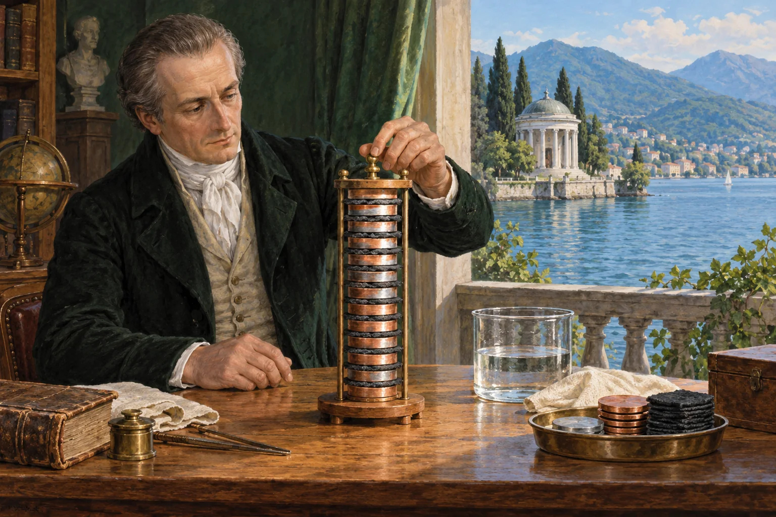 Conceptual illustration of an early electrical-pile experiment, with a later lakeside memorial imagined in the background.