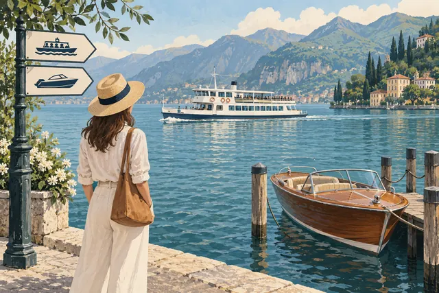 Conceptual editorial illustration of a passenger ferry crossing Lake Como and a wooden motorboat moored at a separate jetty.