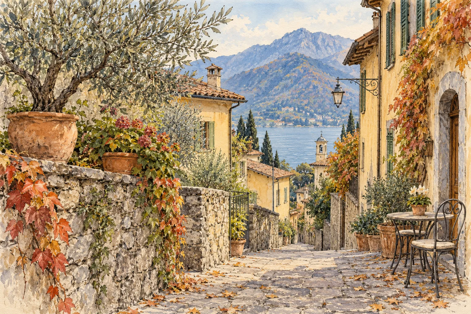 Interpretive watercolor of a quiet stone lane, café table and autumn foliage above Lake Como in the Tremezzina area.