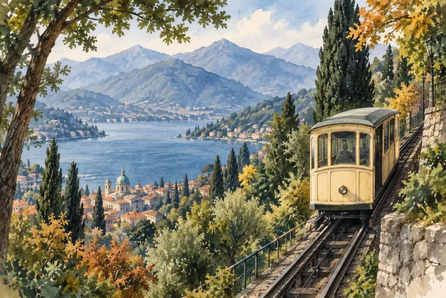 Watercolor interpretation of a funicular car climbing a wooded hillside above Como, with blue lake and distant mountains.
