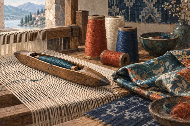 Editorial illustration of a wooden loom shuttle, cream threads, colored spools and patterned fabric on a workshop bench.
