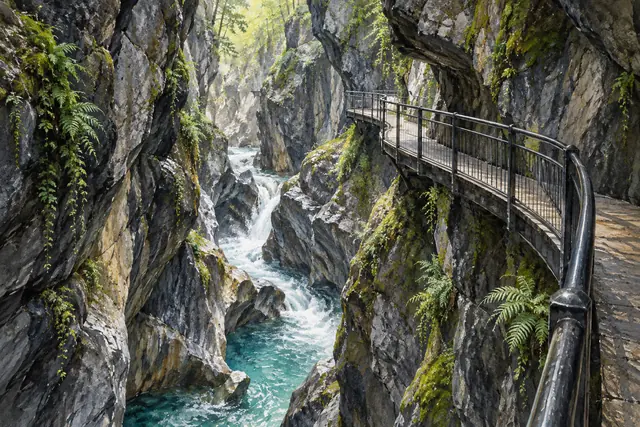 Painterly illustration of a narrow rocky gorge, turquoise water and an elevated walkway with railings inspired by Bellano’s Orrido.