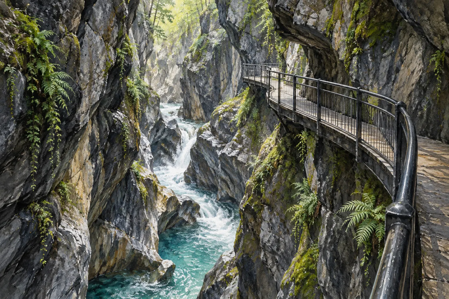Painterly illustration of a narrow rocky gorge, turquoise water and an elevated walkway with railings inspired by Bellano’s Orrido.