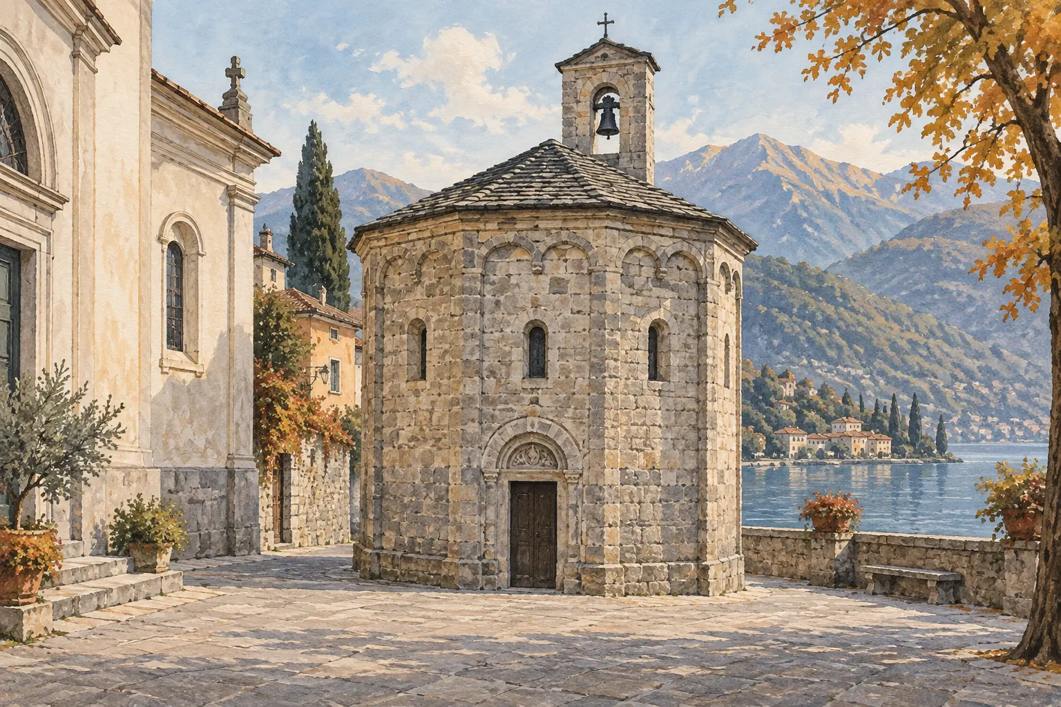 Gouache interpretation of Lenno’s compact stone baptistery beside a quiet piazza, with blue lake and wooded mountains beyond.