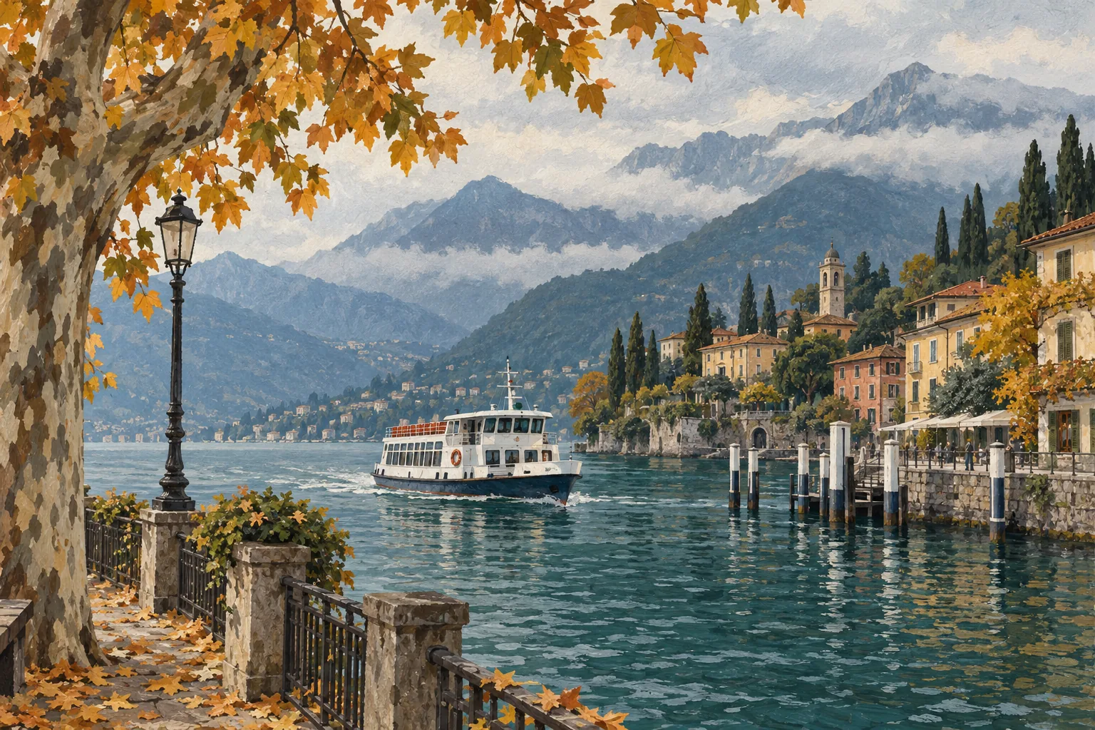 Gouache illustration of a white passenger ferry near a Lake Como landing with golden autumn leaves and misty hills.