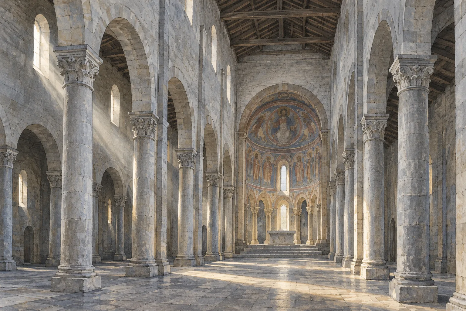 Interpretive watercolor of grey stone columns and a softly painted apse inspired by Sant’Abbondio in Como.