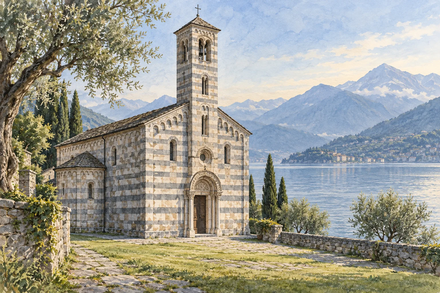 Watercolor interpretation of a striped Romanesque church and central bell tower beside northern Lake Como, inspired by Gravedona.
