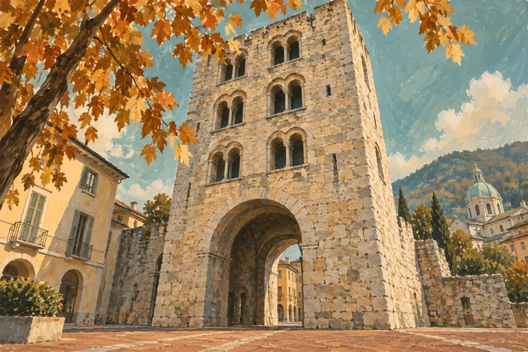 Interpretive gouache study of Como’s medieval Porta Torre, with stacked arches, warm stone and autumn leaves.