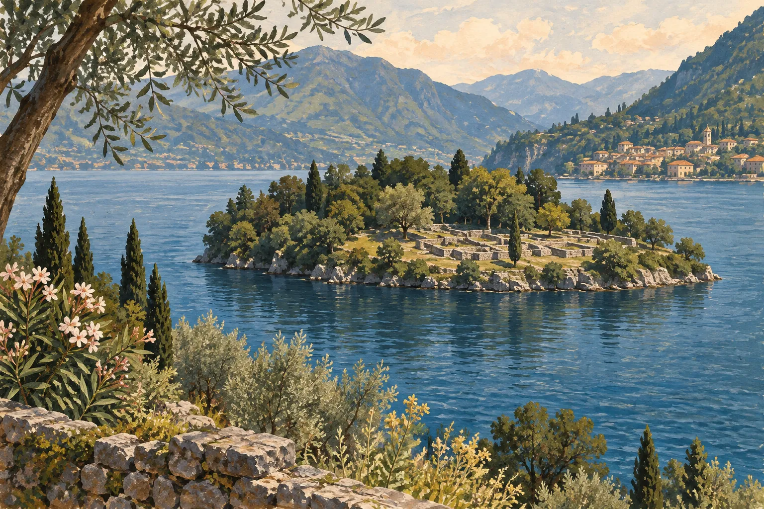 Conceptual watercolor illustration of a wooded Lake Como island with low archaeological walls and a small boat offshore.