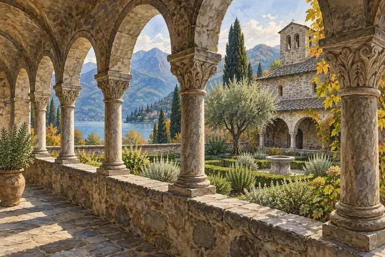 Interpretive watercolor illustration of a Romanesque cloister framing a lake view, inspired by Piona Abbey near Colico.