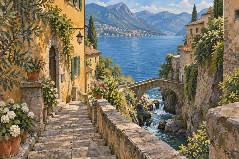 Conceptual illustration of stone steps, village houses and a small bridge over a stream beside Lake Como.