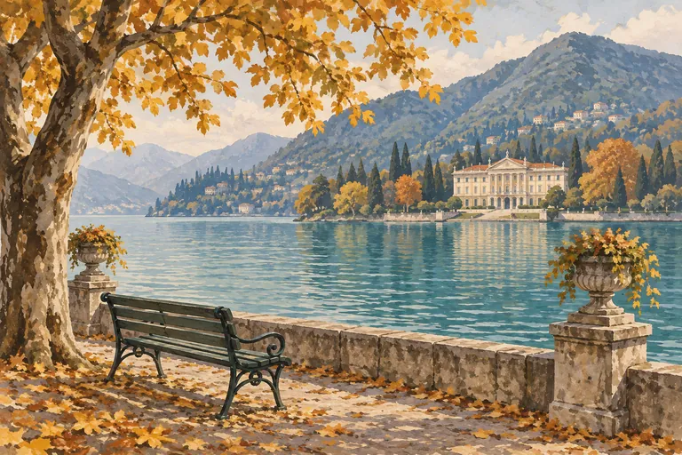 Editorial illustration of an autumn lakeside bench and a distant neoclassical villa, inspired by Como’s waterfront.