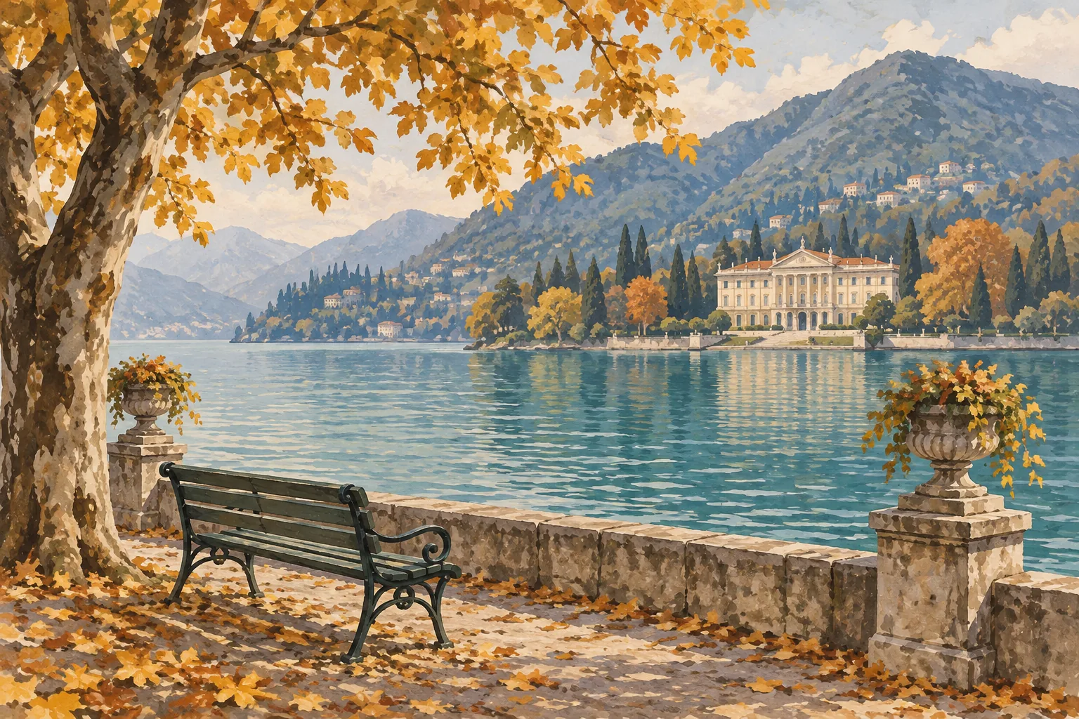 Editorial illustration of an autumn lakeside bench and a distant neoclassical villa, inspired by Como’s waterfront.