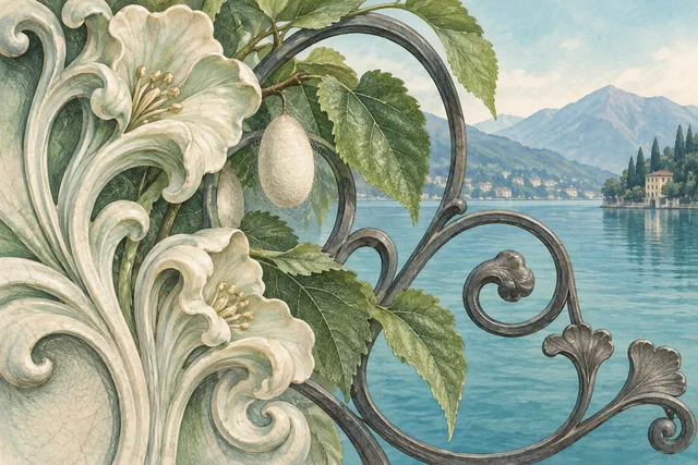 Conceptual botanical watercolor of mulberry leaves, a silk cocoon and Liberty-inspired ceramic and iron curves; not a literal Villa Bernasconi facade.