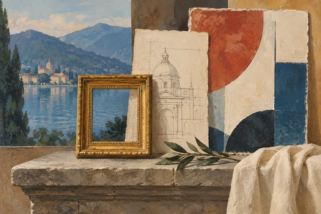 Original conceptual collage of an empty picture frame, architectural lines and abstract colours, representing ways of looking rather than actual Pinacoteca artworks.