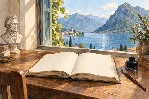 Conceptual watercolour of a blank open book and ink pen beside a window overlooking an imagined lake and mountains, not a Manzoni manuscript or museum room.