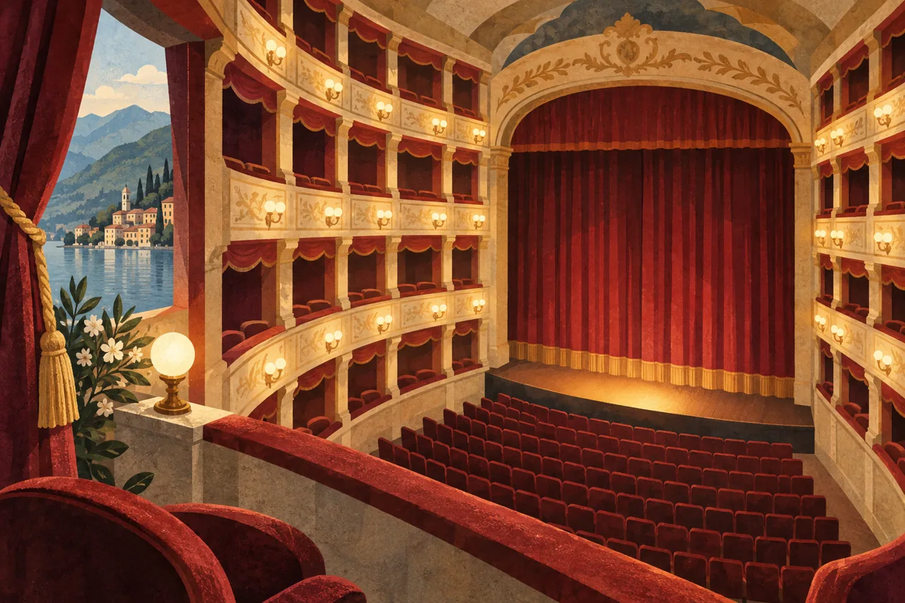 Conceptual cut-paper illustration of a horseshoe auditorium with curved balconies and a closed red curtain, not an exact view of Como’s Teatro Sociale.