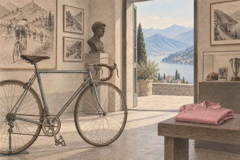 Conceptual pencil-and-pastel illustration of an unbranded vintage racing bicycle and rose-coloured jersey in an imagined museum overlooking mountain scenery.