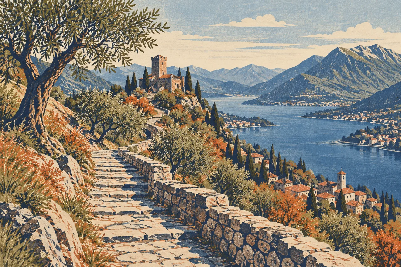 Conceptual risograph illustration of a steep stone path, olive trees and an imagined castle above a branching blue lake, not a reconstruction of Castello di Vezio.