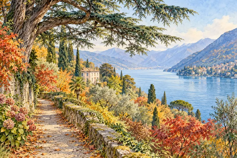 Watercolour editorial illustration of an imagined hillside path beneath a spreading cedar, with autumn foliage, a partly hidden villa and Lake Como beyond; not a plan of Grumello.