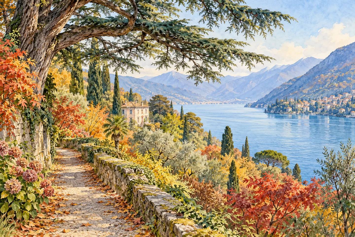 Watercolour editorial illustration of an imagined hillside path beneath a spreading cedar, with autumn foliage, a partly hidden villa and Lake Como beyond; not a plan of Grumello.