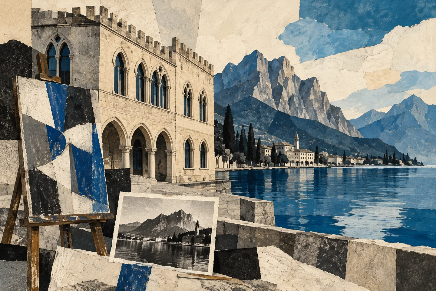 Conceptual collage of an invented neo-medieval civic facade, abstract painting and mountain photograph beside blue water, evoking Lecco’s cultural themes without reproducing museum objects.