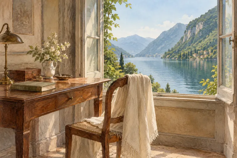 Watercolour illustration of an imagined historic reading corner with a desk, closed book and chair beside a lake-facing window; not a reconstruction of Villa Fogazzaro Roi’s rooms.