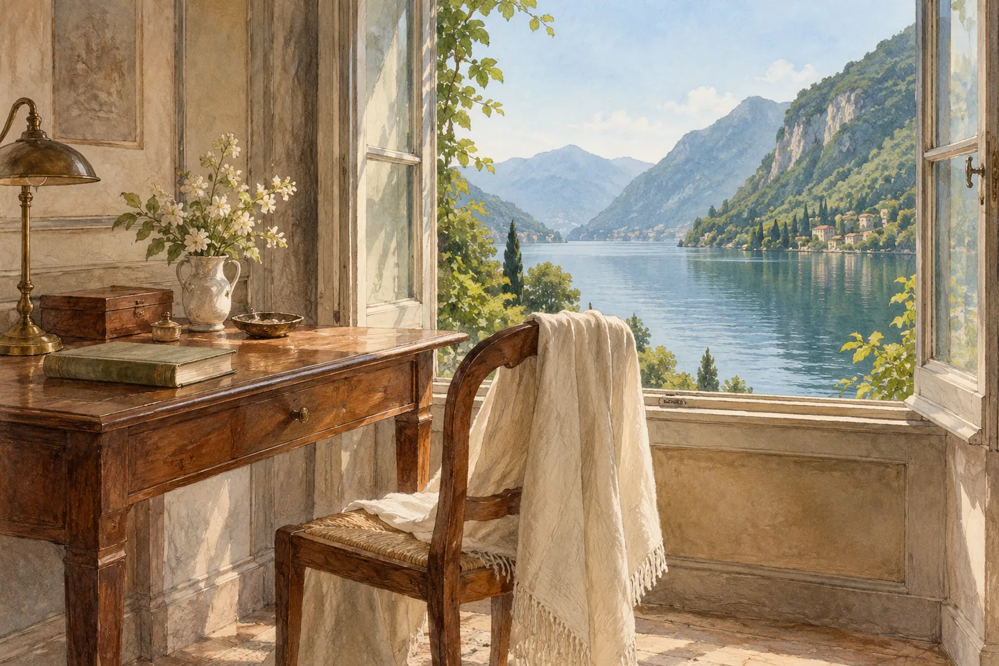 Watercolour illustration of an imagined historic reading corner with a desk, closed book and chair beside a lake-facing window; not a reconstruction of Villa Fogazzaro Roi’s rooms.