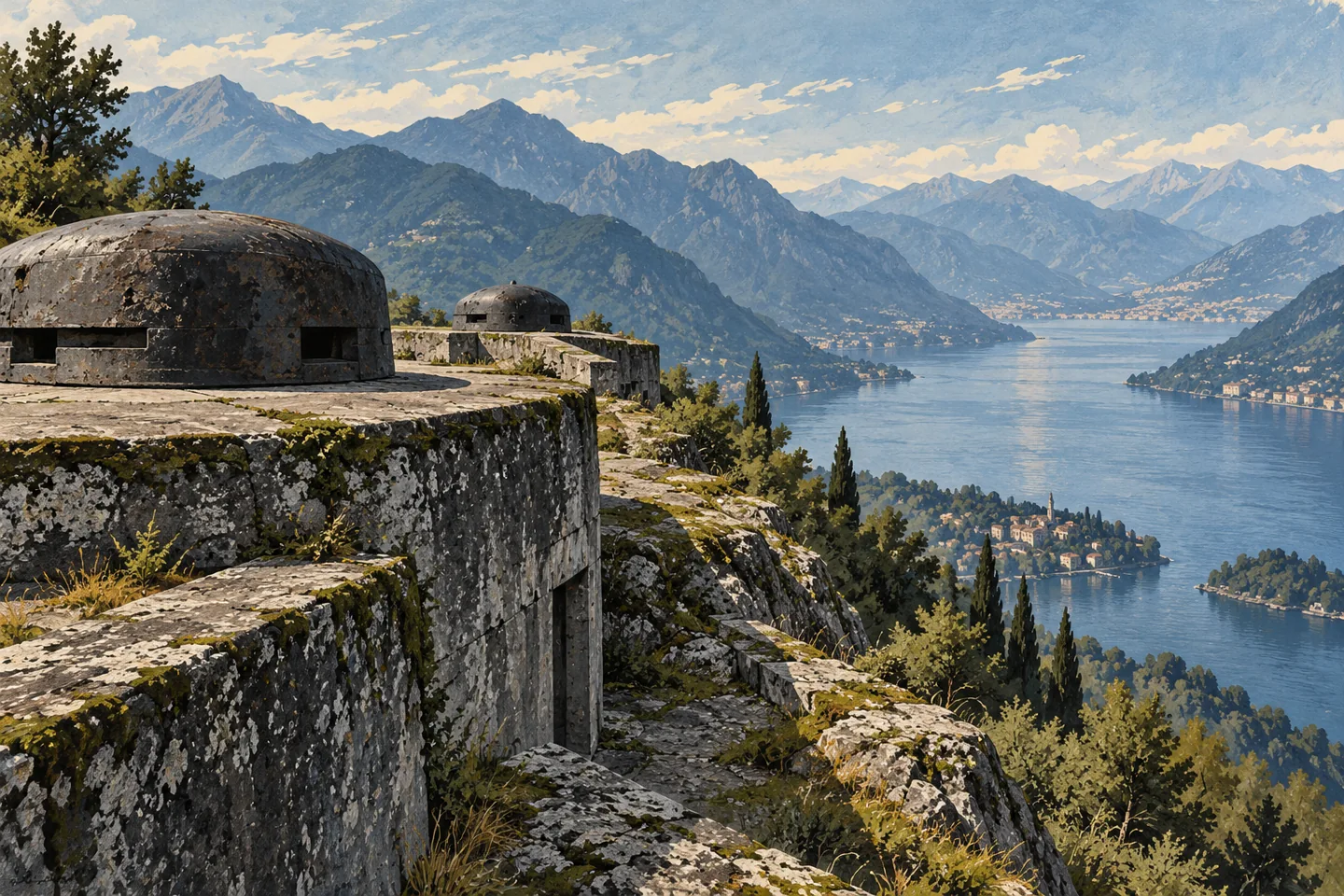 Woodcut-inspired painted landscape of imagined weathered fortifications and rounded turret silhouettes above a lake; conceptual artwork, not an accurate reconstruction of Forte Montecchio Nord.