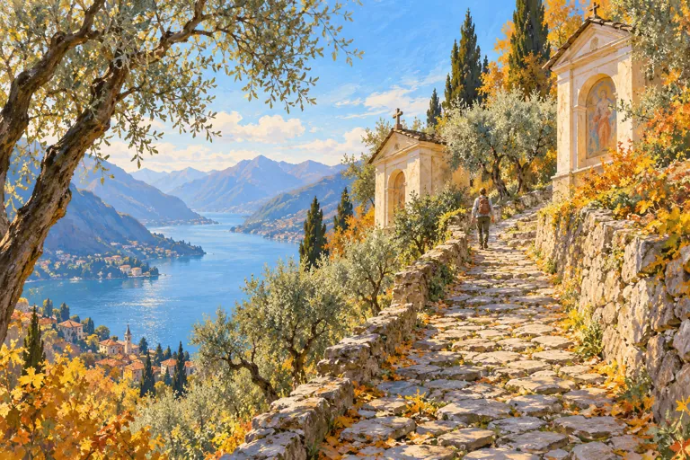 Pastel-style illustration of an imagined cobbled hillside path, chapel forms and olive trees above a lake, emphasising an uneven climb rather than reconstructing Ossuccio’s monuments.