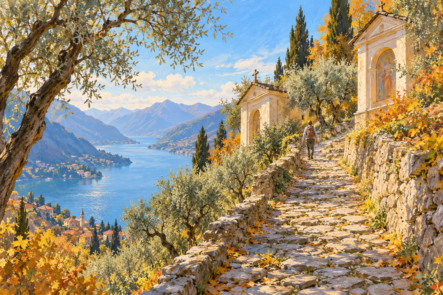 Pastel-style illustration of an imagined cobbled hillside path, chapel forms and olive trees above a lake, emphasising an uneven climb rather than reconstructing Ossuccio’s monuments.