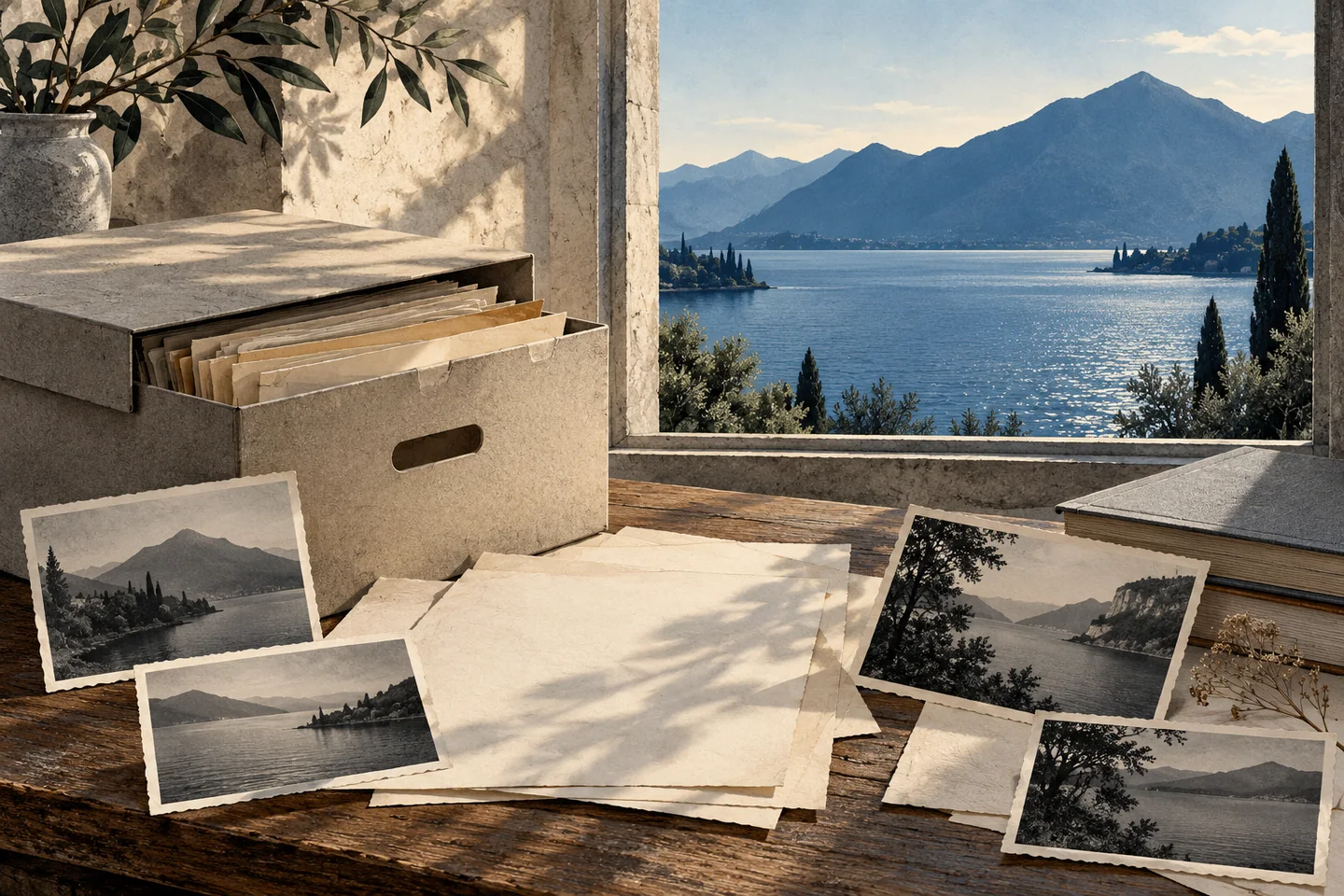 Editorial collage of blank archival papers and imagined landscape photographs beside a lake-facing window; not original documents or photographs from Dongo’s museum.