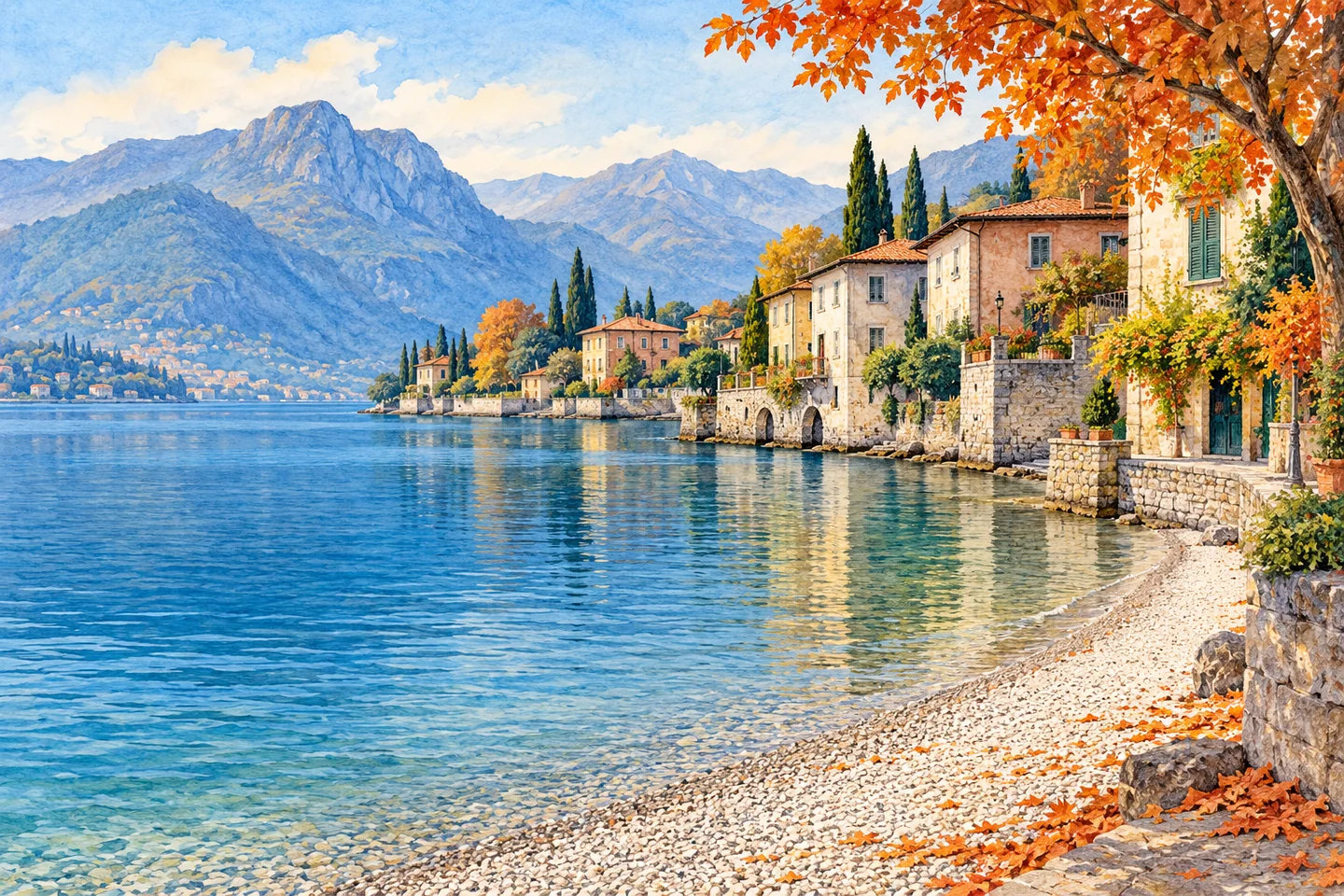 Coloured-pencil and watercolour illustration of pale pebbles, lakeside stone houses and autumn mountains; an imagined Lake Como village scene, not a route or exact Lierna view.