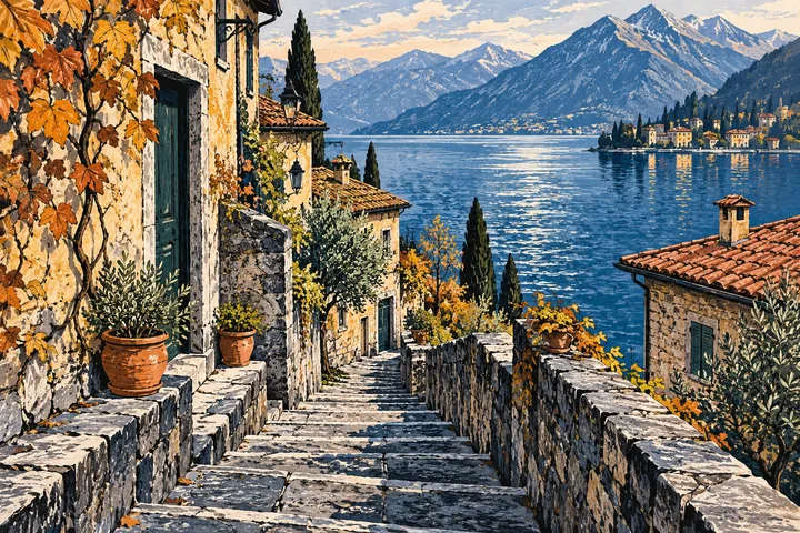 Linocut-style illustration of steep stone steps descending through an imagined lakeside village towards mountains and water; not a mapped Corenno Plinio route.
