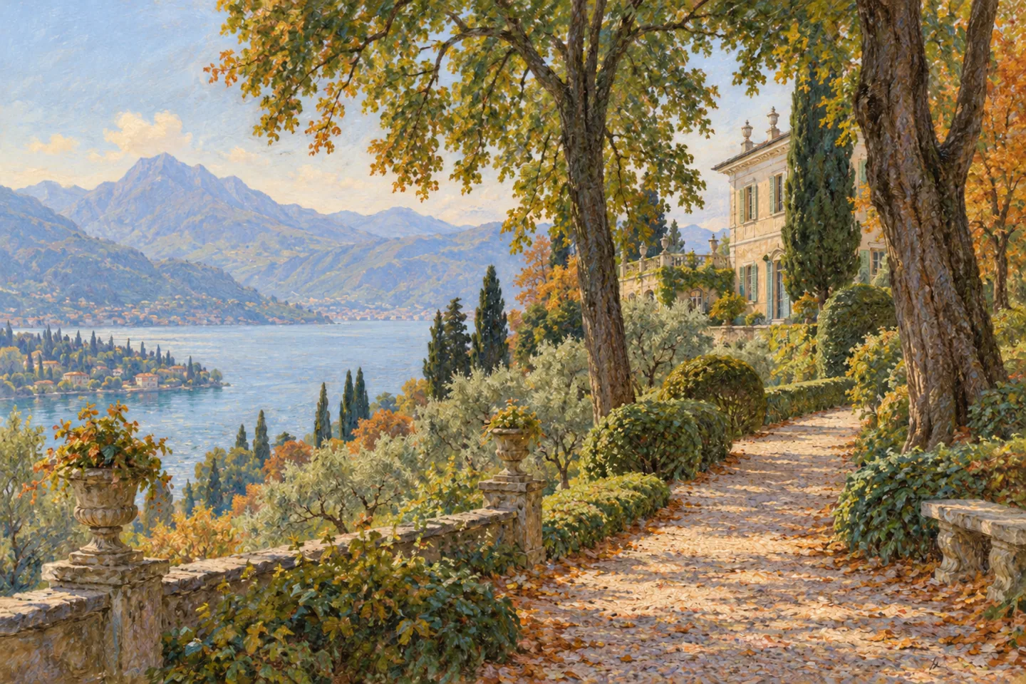 Pastel illustration of an imagined hillside villa garden with a curved path, mature trees and a lake view; not Villa Vigoni’s actual garden plan.
