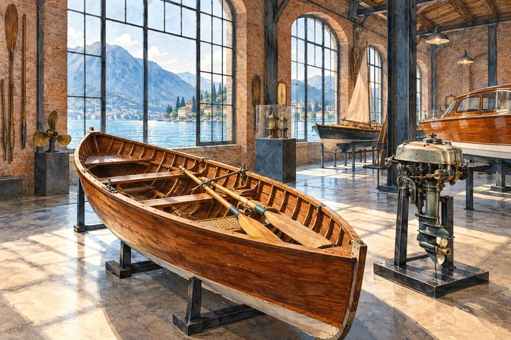 Watercolour-style illustration of a wooden rowing boat, oars and an outboard motor in an imagined lakeside industrial museum; not the actual Barca Lariana display.