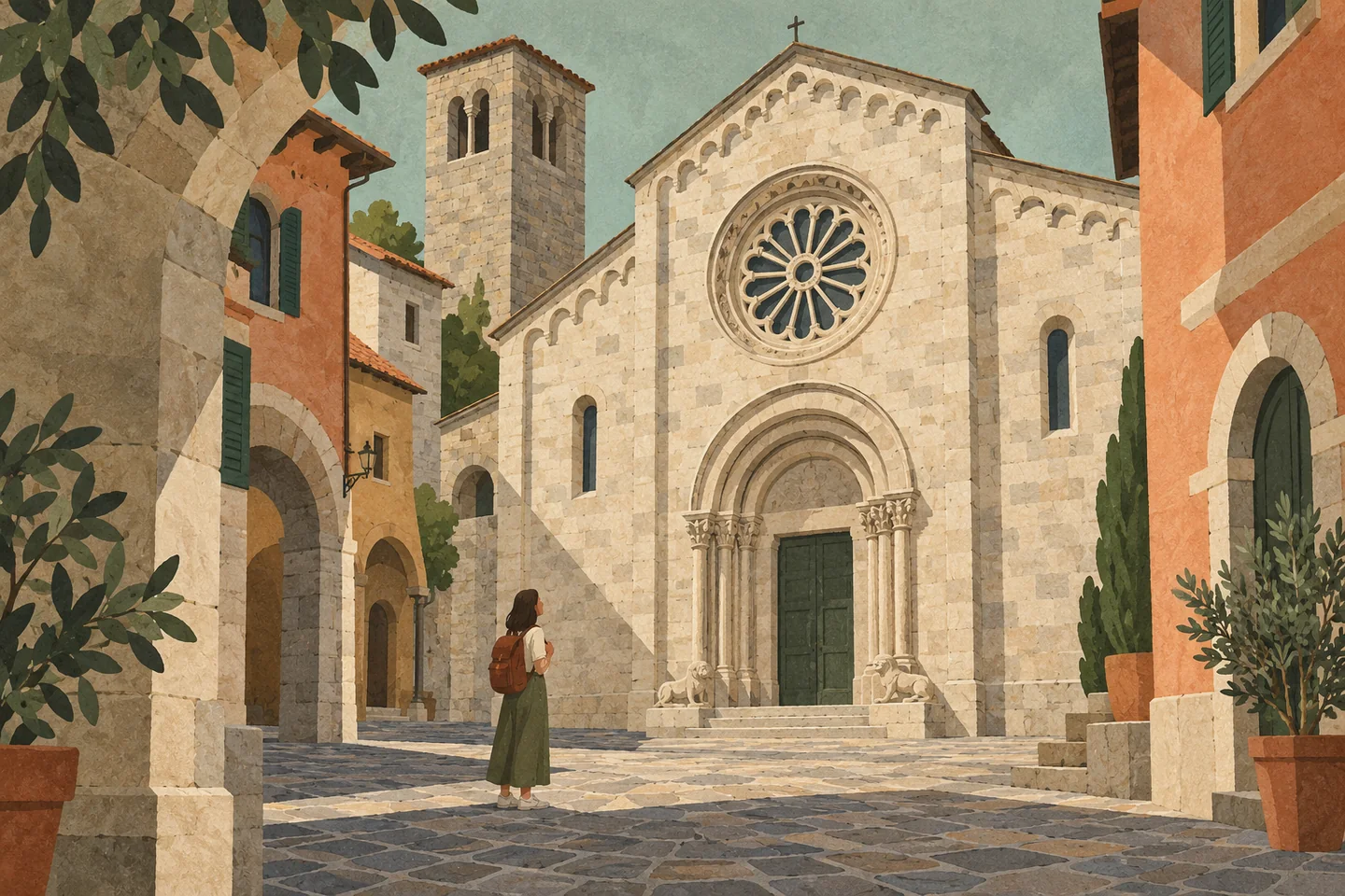 Cut-paper-style illustration of a traveller in an imagined Lombard square facing a Romanesque-inspired church; not a measured view of Como’s San Fedele.