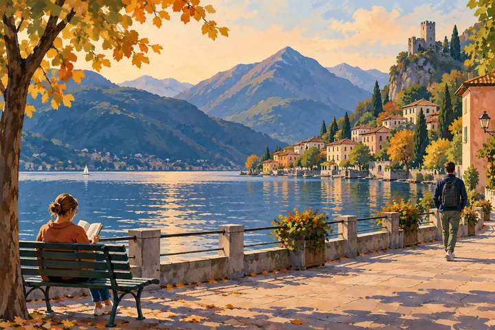 Gouache editorial impression of a Lake Como promenade with readers and walkers, with a stylized hilltop tower beyond; not a route map.
