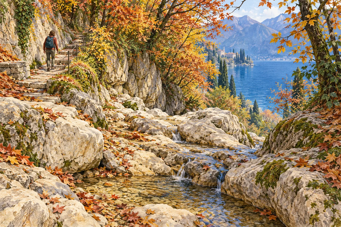 Watercolor editorial impression of a rocky seasonal stream, autumn trees and a stepped path above Lake Como; not a report of current water flow.
