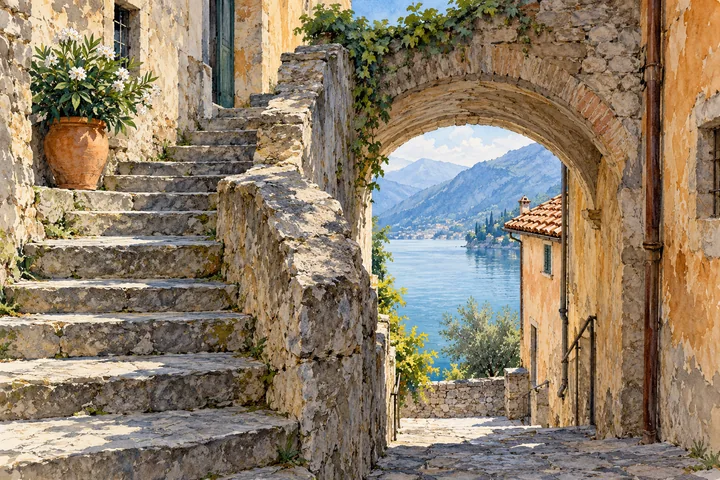 Editorial watercolor of an imagined lakeside stone passage, worn steps and an arch framing blue water, not a route map of Brienno.