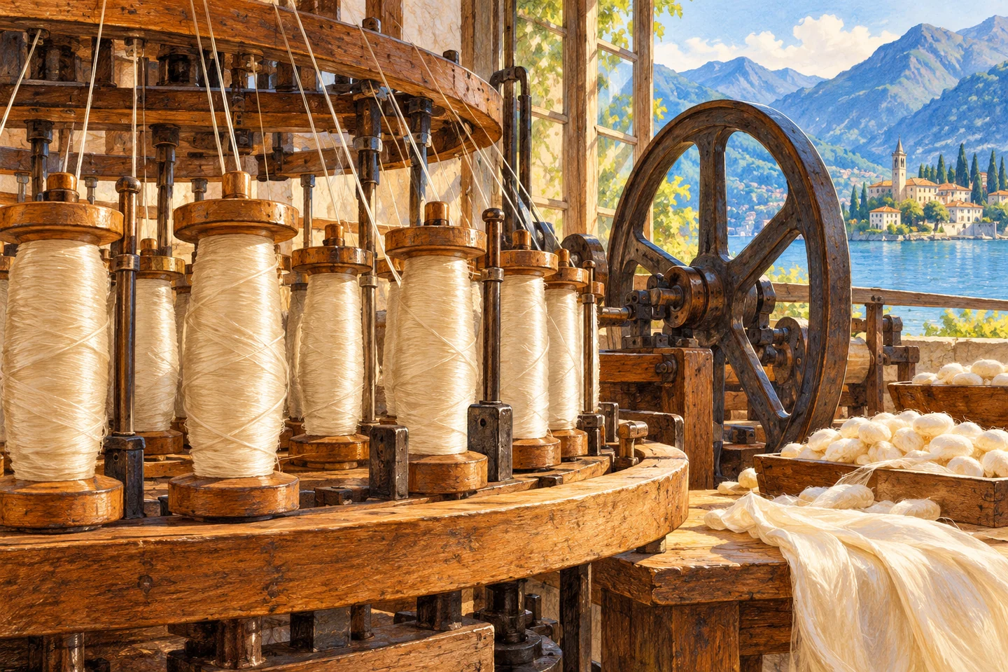 Editorial illustration of an imagined silk workshop with wooden bobbins, a circular machine and an iron wheel beside a lake-facing window.