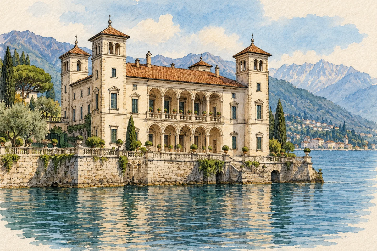 Interpretive watercolor of an imagined lakeside Renaissance palace with corner towers and open loggias.